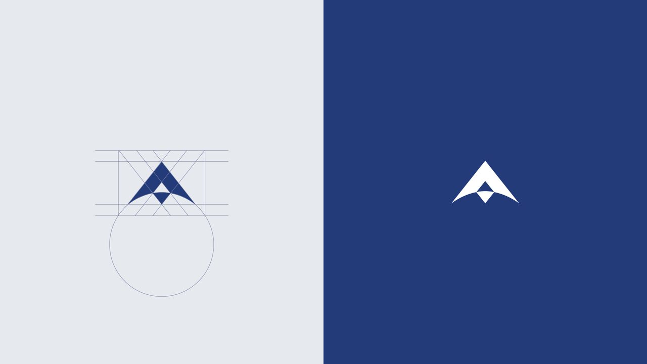 Arwen mark drawn on its construction grid beside the white mark on navy