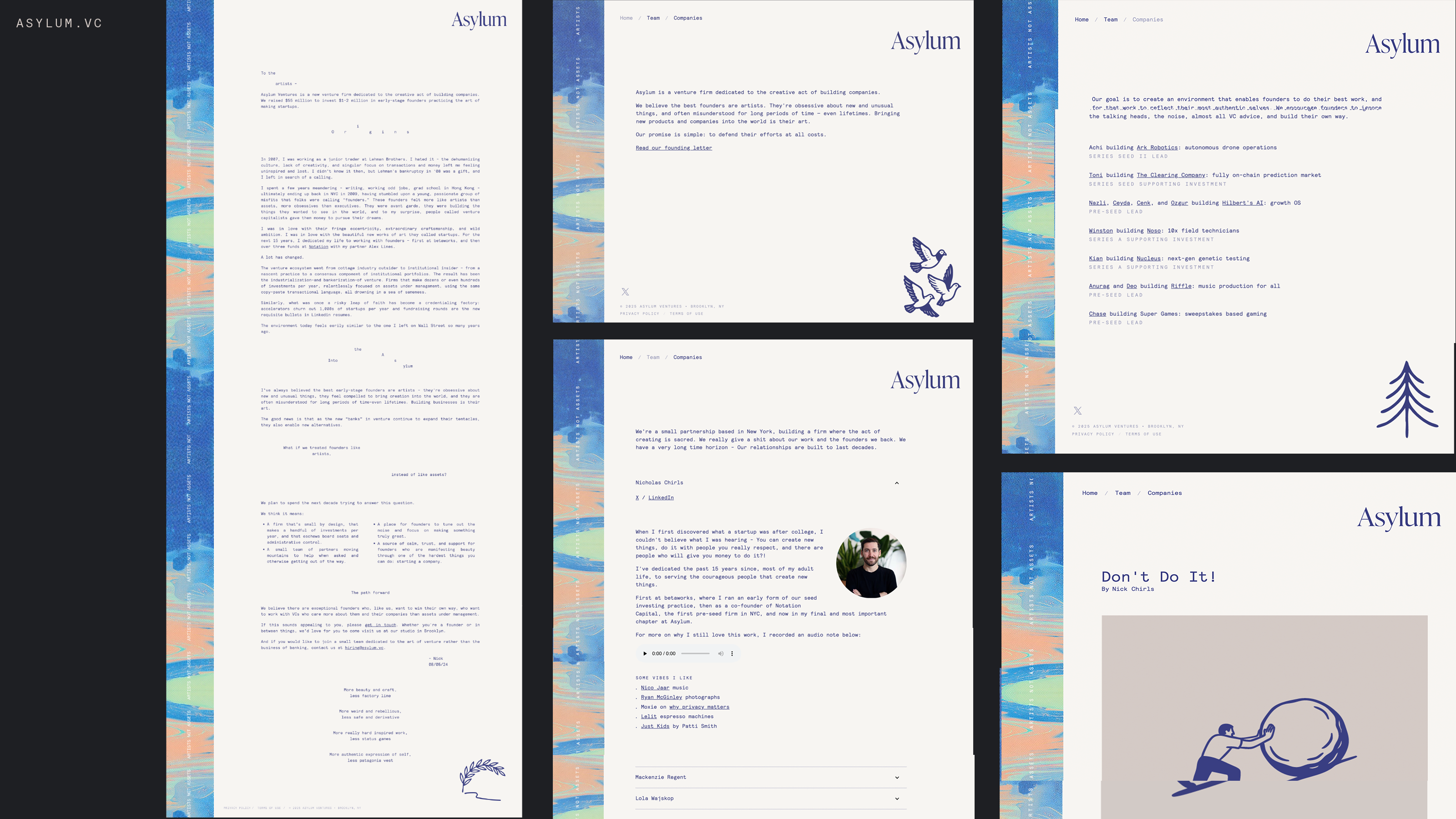 Asylum venture firm website interior pages and navigation design