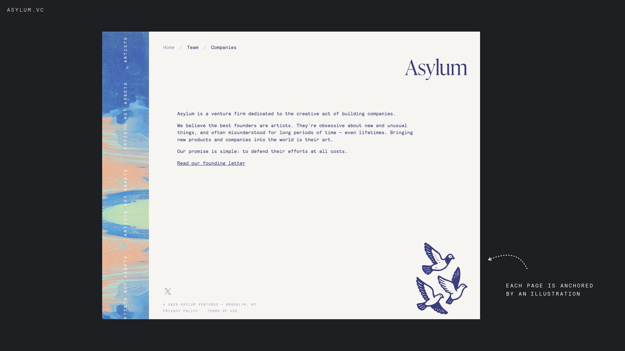 Asylum venture firm website homepage design featuring new visual identity