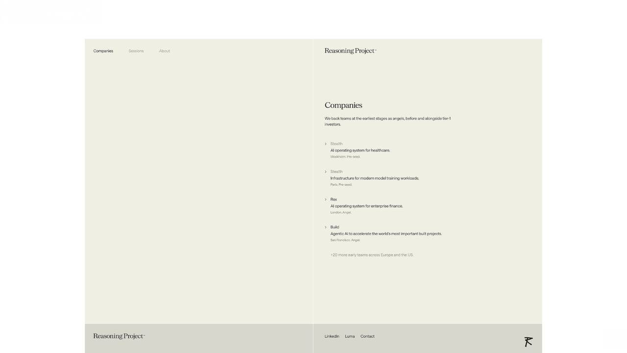Reasoning Project website Companies page listing backed teams