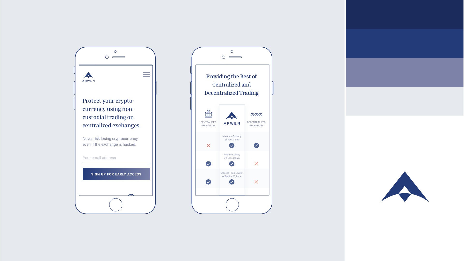 Arwen brand identity guidelines showing logo clearspace, color usage, and typography specifications